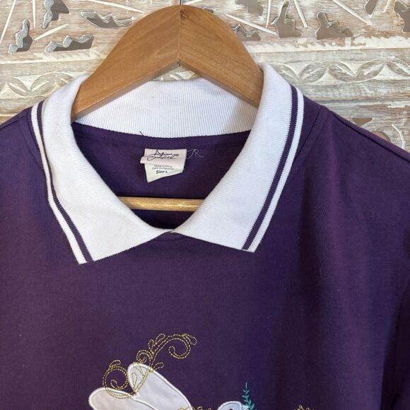 Vintage Adrian Dearfield Grandma Collared Sweatshirt Women's L Bird Purple/Gold - Picture 3 of 9